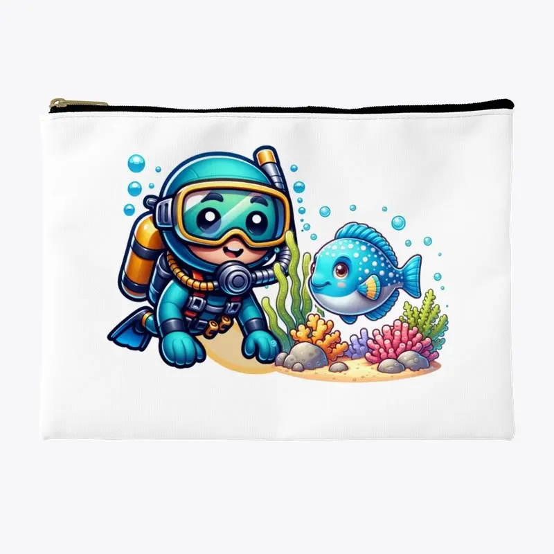 Cartoon Scuba Diver and Fish Coral Reef