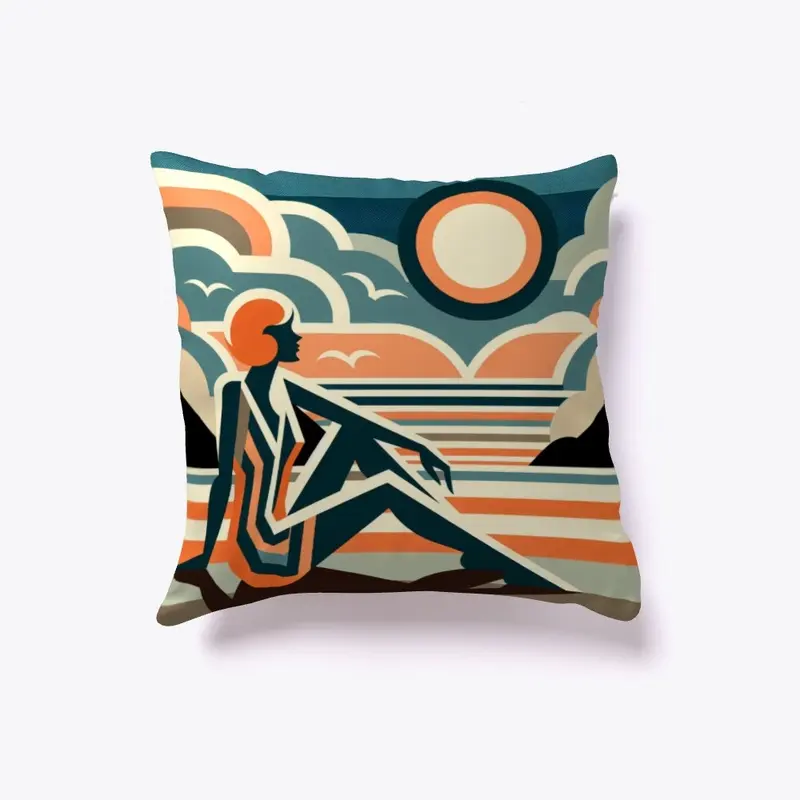 Woman on Beach at Sunset Art Deco Design