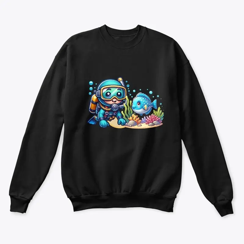 Cartoon Scuba Diver and Fish Coral Reef