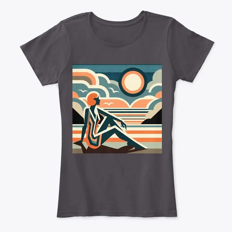 Woman on Beach at Sunset Art Deco Design