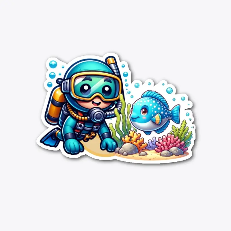 Cartoon Scuba Diver and Fish Coral Reef