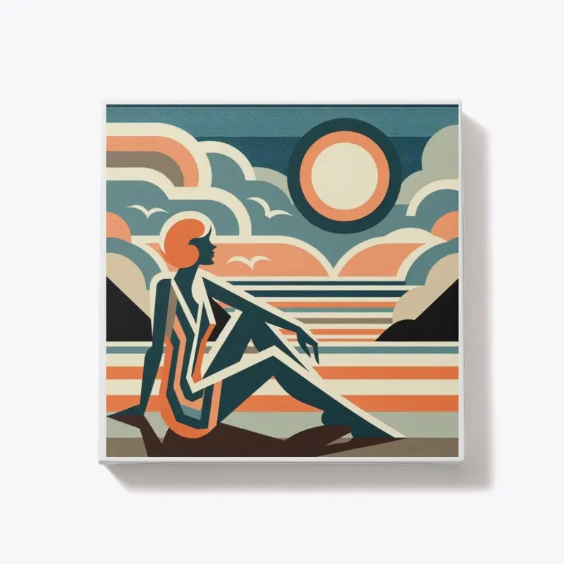 Woman on Beach at Sunset Art Deco Design