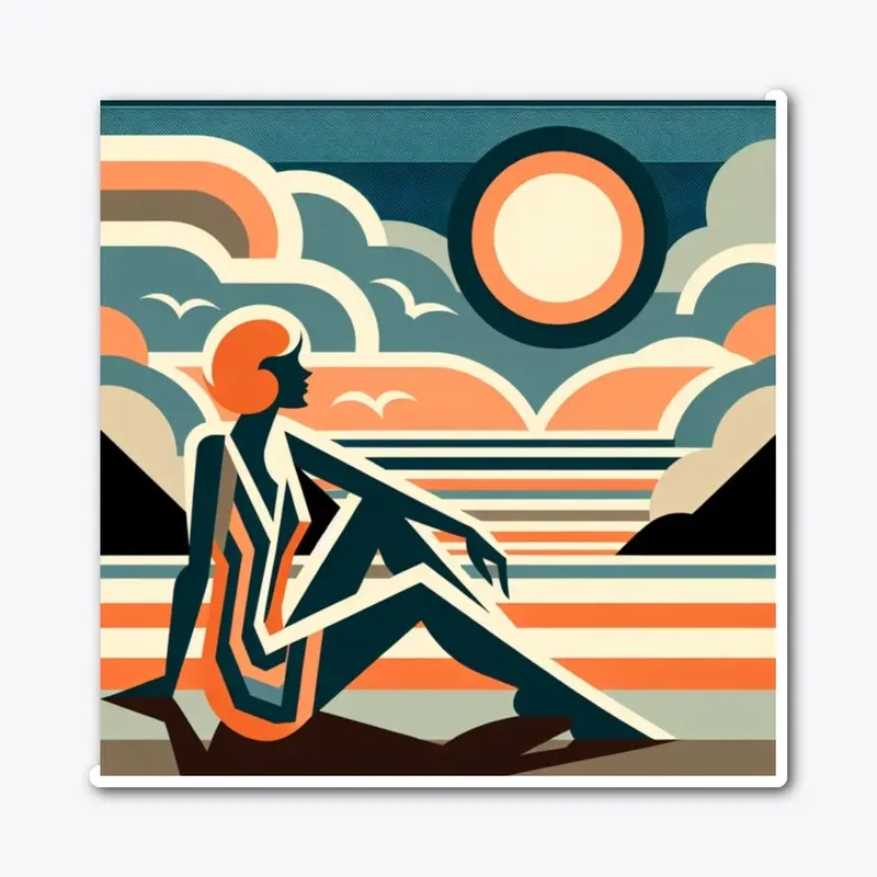 Woman on Beach at Sunset Art Deco Design