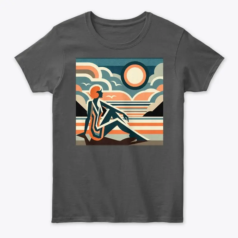 Woman on Beach at Sunset Art Deco Design