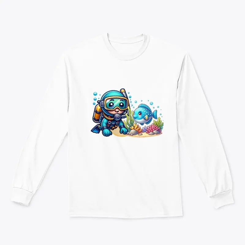 Cartoon Scuba Diver and Fish Coral Reef